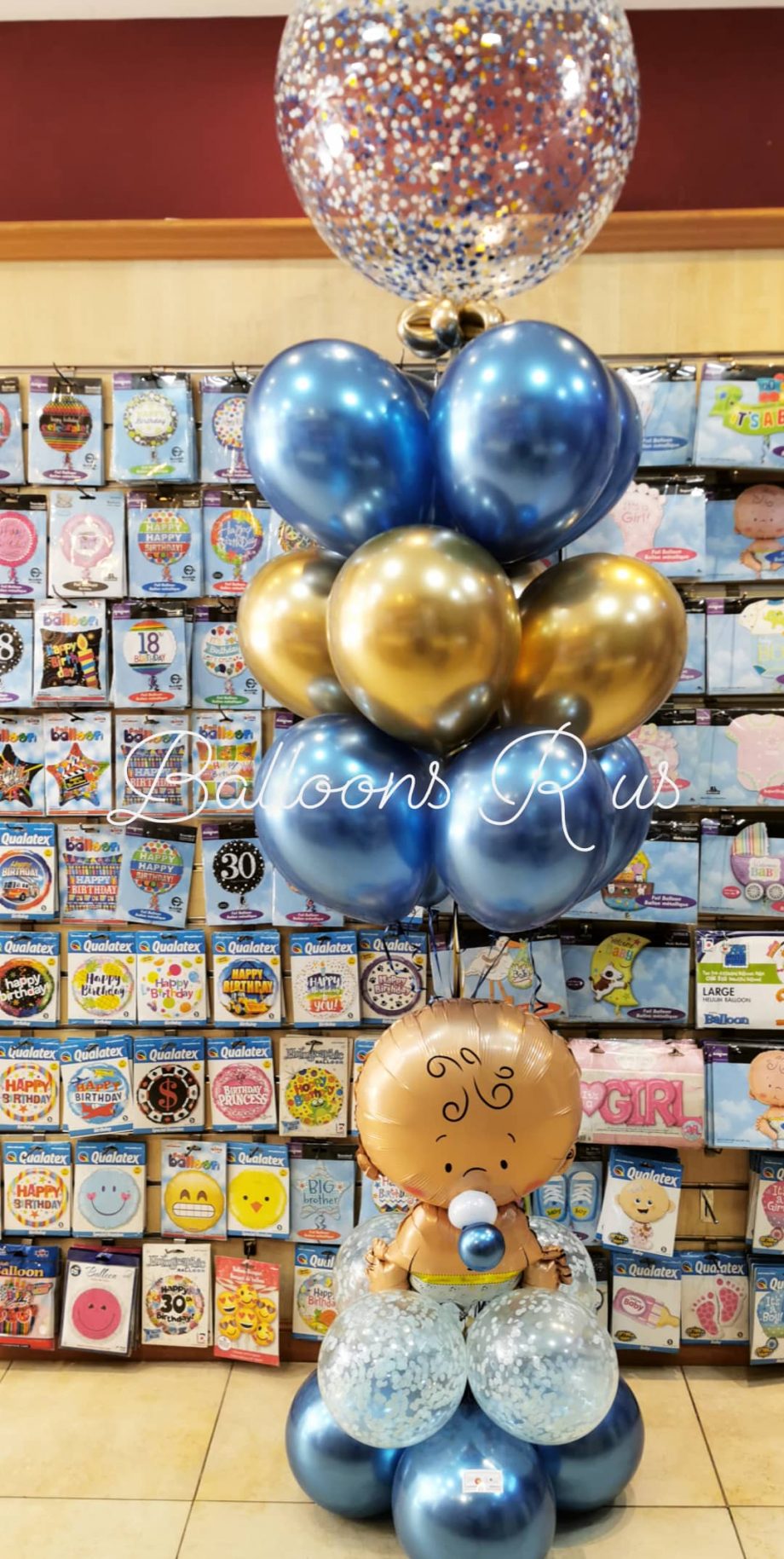 BABY STAND OF CHROME AND CONFETTI BALLOONS