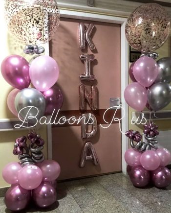 TWO STANDS OF CONFETTI AND CHROME BALLOONS