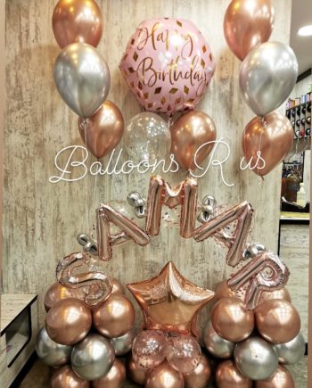 Birthday Arrangement of confetti and chrome balloons