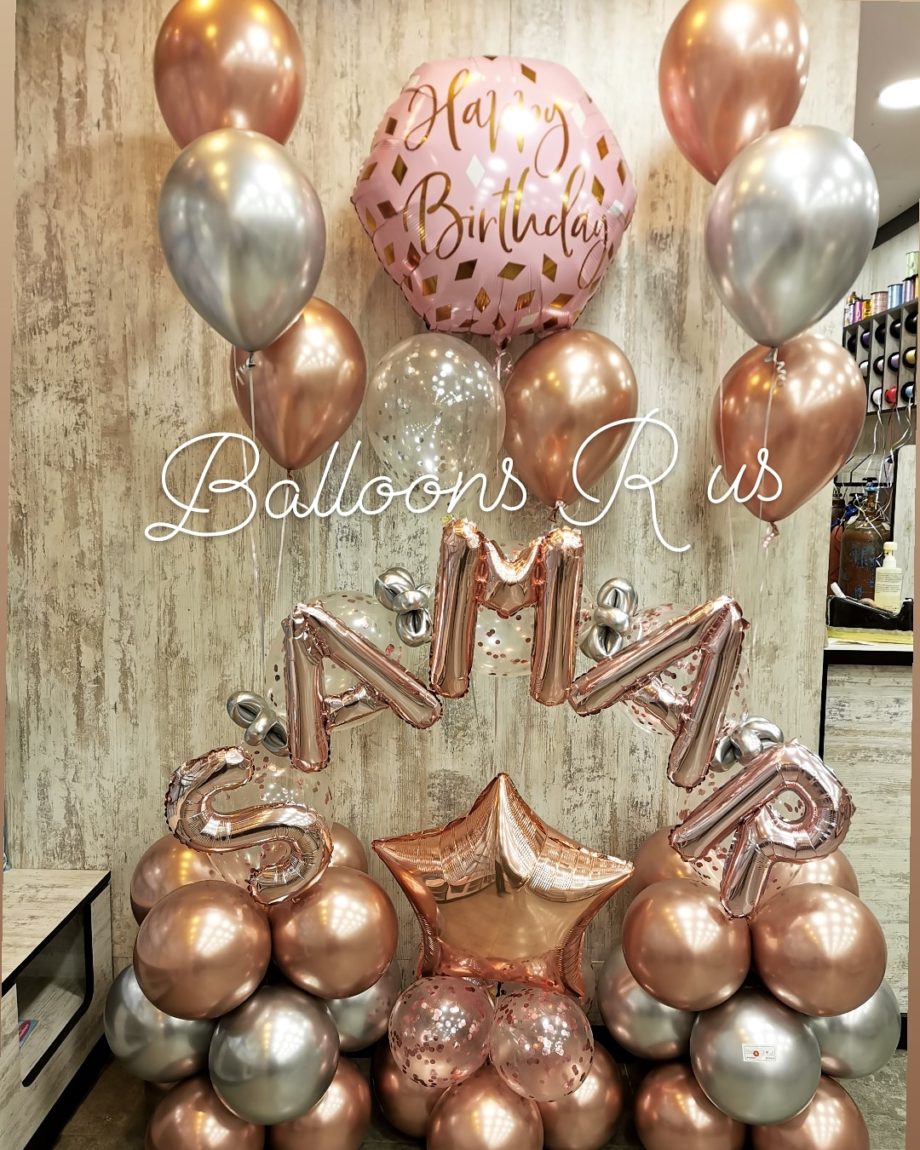 Birthday Arrangement of confetti and chrome balloons
