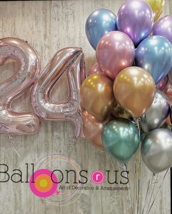 Rose gold numbers with 24 chrome helium balloons