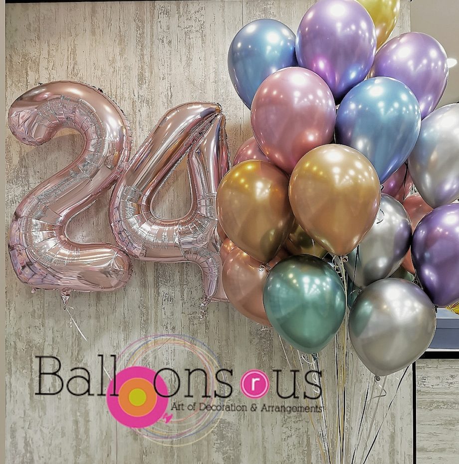 Rose gold numbers with 24 chrome helium balloons
