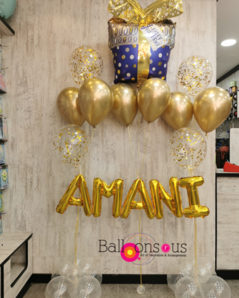 BIRTHDAY ARRANGEMENT OF CONFETTI AND CHROME BALLOONS