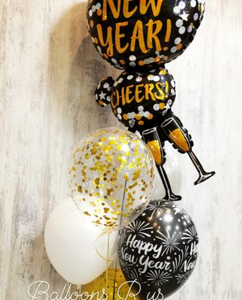 HAPPY NEW YEAR BUNCH OF CHROME AND CONFETTI BALLOONS