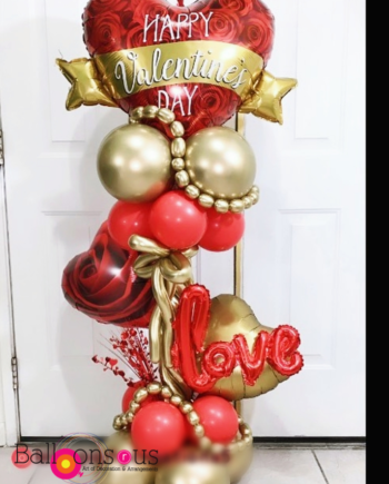 VALENTINES DAY STAND OF CHROME GOLD WITH RED BALLOONS