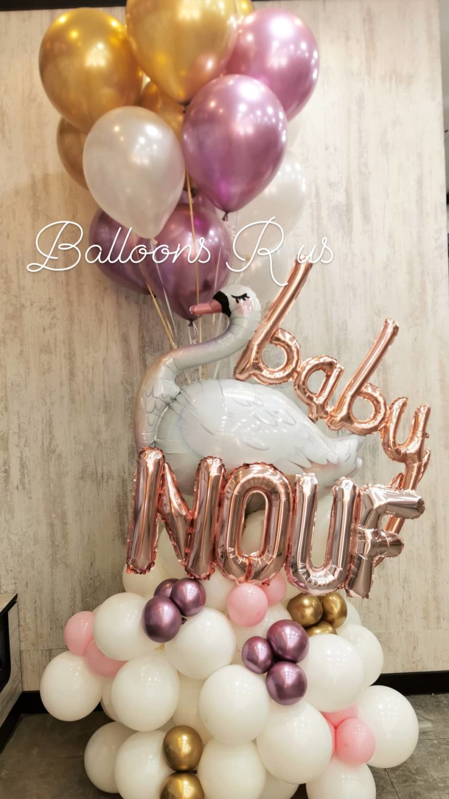 baby girl arrangement with chrome balloons