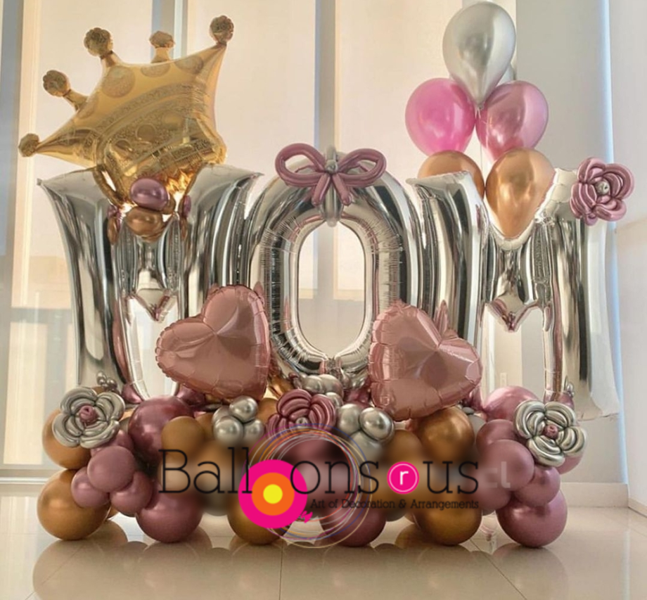 Arrangement of chrome balloons for MOM