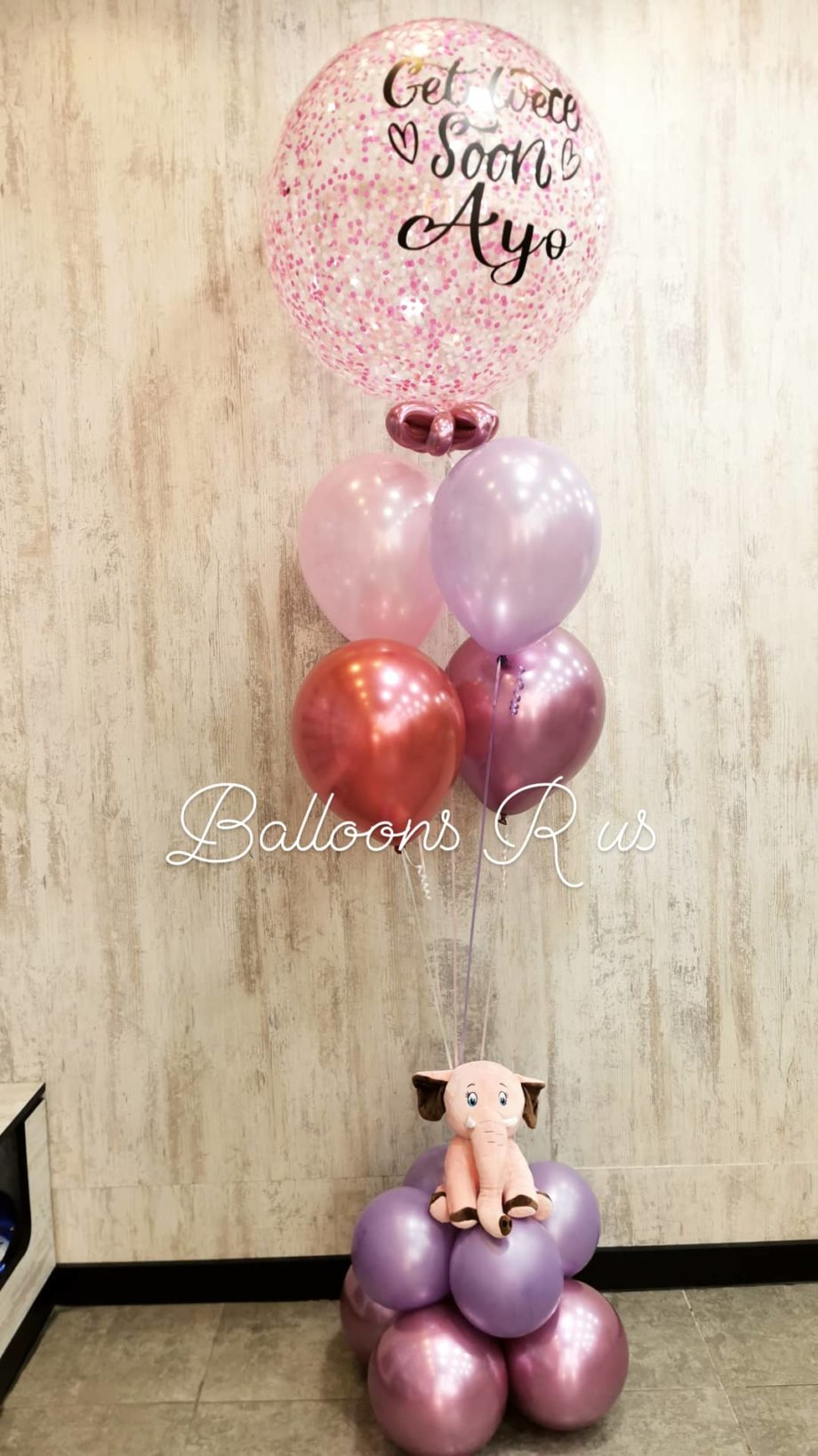Get Well Soon arrangement with big confetti balloon