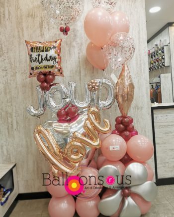happy birthday arrangement with confetti balloons