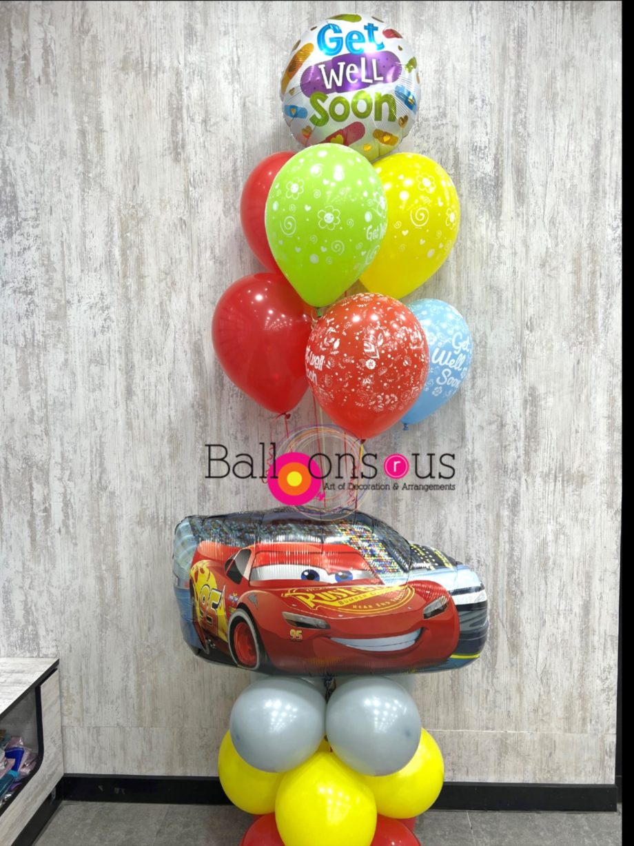 Get Well Soon boy arrangement with car balloon