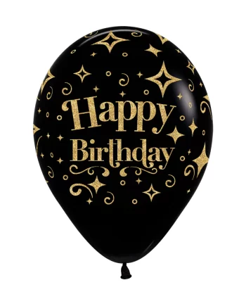 black happy birthday balloon gold glitter ink