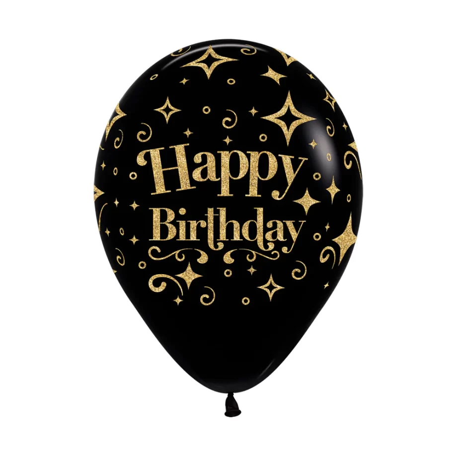 black happy birthday balloon gold glitter ink