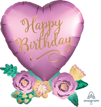 Birthday Satin Heart with Flowers