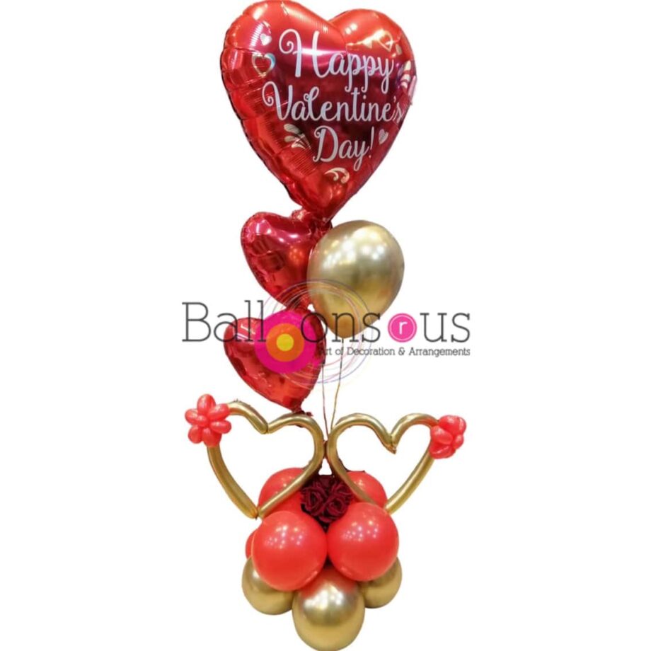 Valentine’s Day arrangement of balloons and artificial flowers